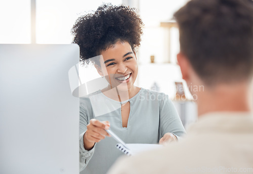 Image of Interview, contract and recruitment woman in office with job candidate for company onboarding. Hiring, hr and resume meeting with black woman recruiter in workplace with potential employee.