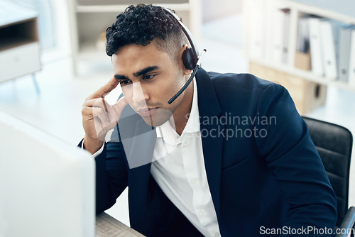 Image of Thinking, stress and call center with businessman at desk for telemarketing, customer support and consulting. Burnout, mental health and anxiety with employee in office for contact us, kpi and crm