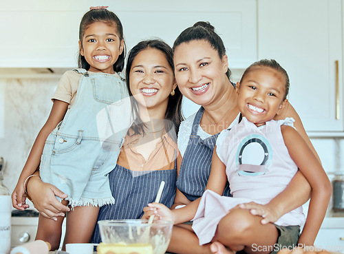 Image of Grandmother, mama and children cooking fun and child development for bonding, embrace and together in kitchen. Portrait, granny, mother with kids happy, smile and enjoy quality time and bake at home