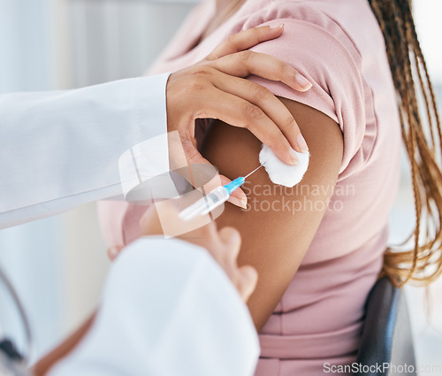Image of Needle, covid vaccine or doctors hands zoom with medicine, medical safety or syringe for injection in hospital. Nurse, innovation or woman in lab with health, wellness or corona virus protection cure