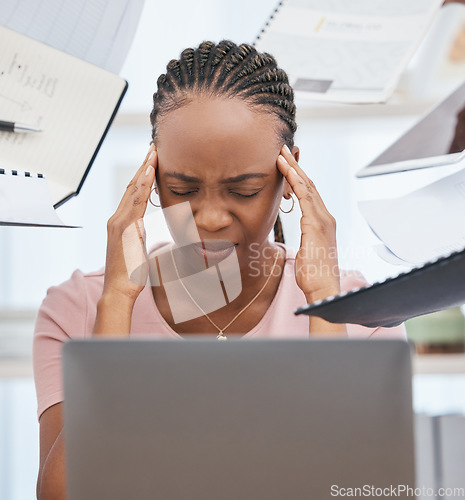 Image of Stress headache, burnout and black woman overwhelmed with workload at busy office computer. Frustrated, overworked and tired woman with laptop at startup, anxiety from deadline time pressure crisis.