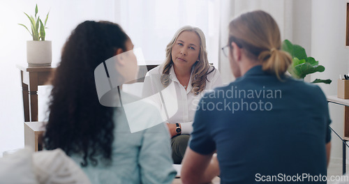 Image of Marriage, counseling and couple therapy with a psychologist for communication, mental health and psychology trauma. Man and woman consulting with a therapist for mental health, help and support