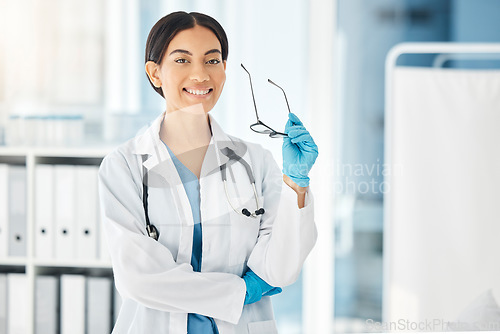 Image of Research doctor, woman and lab employee ready for science, hospital and clinic work. Portrait of a laboratory, medicine and health worker from India looking happy about expert cardiology job