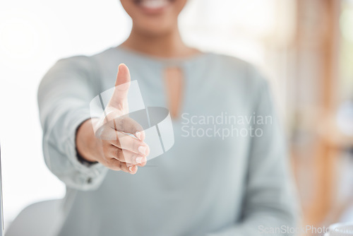 Image of Welcome, meeting or deal handshake of woman for respect, cooperation and greeting at business. Interview, b2b or partnership of professional employee with hand reaching for work agreement.