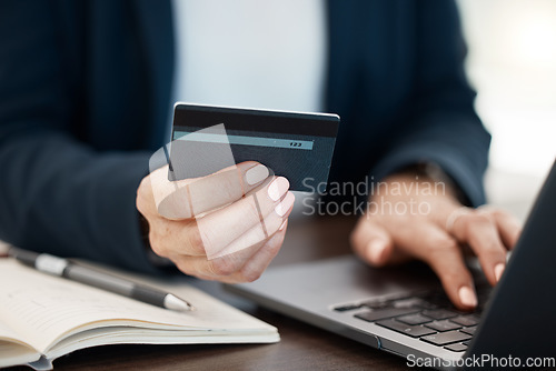 Image of Ecommerce, online shopping and hands of woman with credit card and laptop at desk with budget in notebook with ux. Online bank payment, checking balance or surfing internet website for discount sale