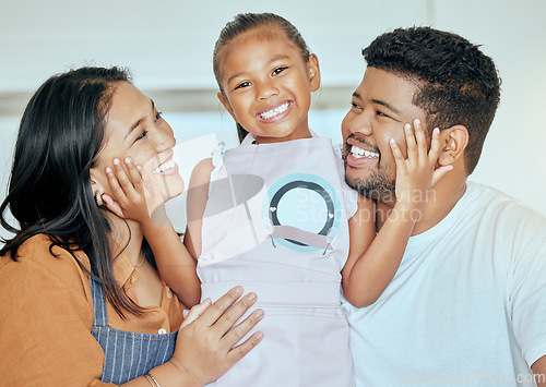 Image of Family, parents with child, hug and apron for cooking or baking at family home, for learning and development with bonding in happy portrait. Young girl, mother and father together, love and care.