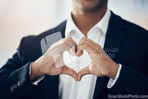 Image of Businessman, hands and heart for love, thank you or symbol for message, icon or say for relationship. Romantic man with hand sign or voice in hearty shape emoji for loving, care or romance gesture