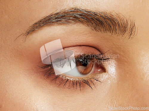 Image of Beauty, eye and vision of woman macro with natural and neutral eyeshadow cosmetic glamour look. Makeup, model and mascara lashes girl eyesight for face cosmetics marketing with brown iris.