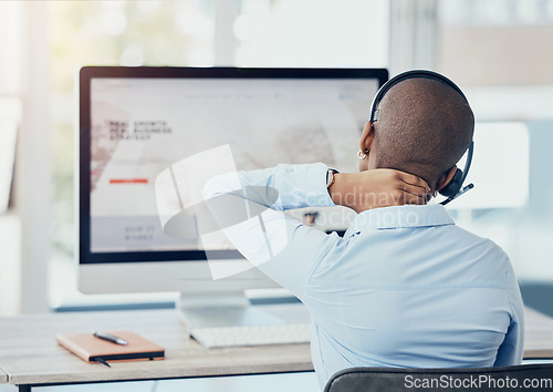 Image of Woman neck pain, stress and call center health injury, risk and burnout at sales agency computer. Poor office desk ergonomics, joint pain and fatigue, burnout and body problem of telemarketing worker