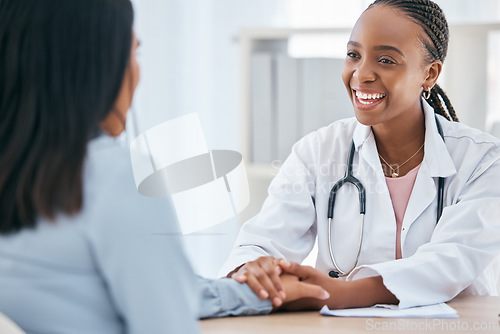 Image of Happy doctor, holding hands and patient empathy, healthcare or medical trust, hope and faith in therapy, healing and rehabilitation in mental health consulting. Smile hospital worker counseling woman