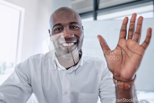 Image of Business video call, wave and black man in office, video conference or meeting. Portrait, hello or greeting of male employee from Nigeria in pov webinar, online sales workshop or interview video chat