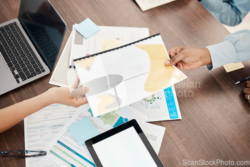 Image of Documents, analytics and hands with paperwork in meeting, giving report to coworker. Statistics, financial data and above of business people working in office with infographics, laptop and tablet