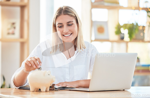 Image of Finance, piggybank and business woman with money for savings, investment and budget in office at work. Accounting, planning and employee with a financial strategy, insurance and banking with a laptop