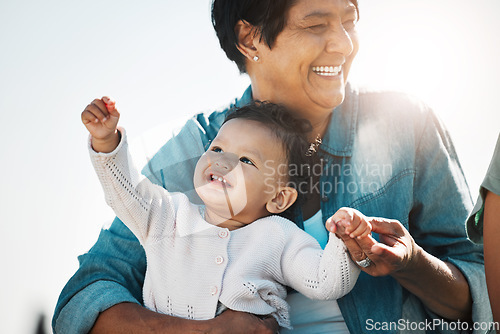 Image of Happy grandma, baby and relax in nature on vacation, trip or family holiday. Love, care and grandmother bonding with child, infant or toddler outdoors, outside in sunshine and enjoying time together.