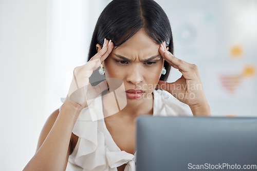 Image of Stress woman burnout, office computer and tired anxiety headache while working in digital marketing company. Frustrated corporate girl, mental health emergency and depression in advertising workplace