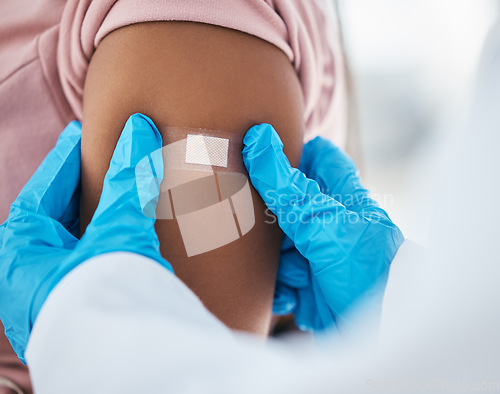 Image of Plaster on patient arm from doctor, vaccine and flu shot, healthcare and medical insurance for hpv, covid 19 and safety in hospital. Nurse hands bandaid, corona virus immunity and consulting service