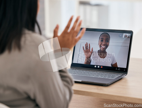 Image of Women, video call wave and laptop with friends talking and being social online. Female, friendship and video conference or webinar for bonding and talking online for voip communication at home