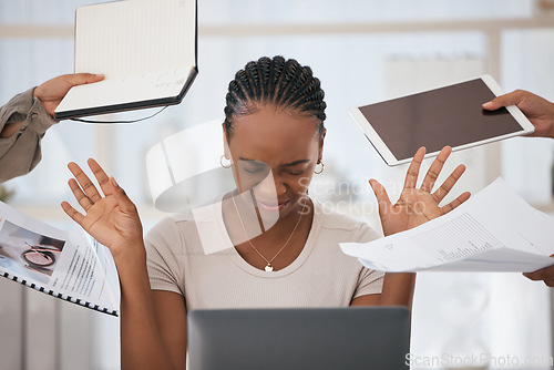 Image of Black woman, stress and overworked with workload, burnout and anxious at desk with headache. Female worker, assistant and under pressure being upset, with due dates and anxiety for overtime and tired