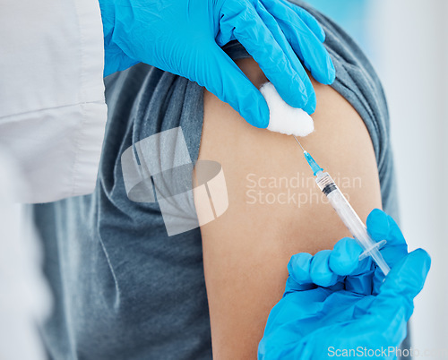 Image of Medicine, needle and patient getting covid vaccine from nurse at medical clinic during pandemic. Medicine, syringe and closeup of healthcare worker doing an antibody vaccination injection at hospital