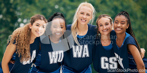 Image of Sports, teamwork and netball with portrait of women for. training, health and friends. Summer workout and fitness with happy netball player in outdoor playing for games, support and goals together