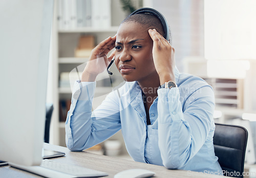 Image of Stress, call center or sales consultant black woman with telemarketing headache, 404 computer error or burnout depression. CRM, customer support or communication anxiety, networking or mental health