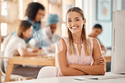 Image of Portrait of woman manager smile or happy with company development, leadership and management in a office. Team leader with arms crossed in marketing and advertising meeting at a startup office