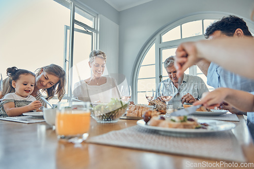 Image of Eating food together, lunch and happy family bonding, having fun and enjoy quality time in home dining room. Love, happiness and big family of hungry grandparents, parents and child eat brunch buffet