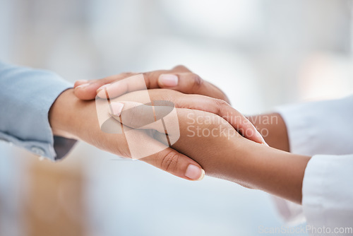 Image of Doctor, women or holding hands in support, trust or medical wellness in hospital with anxiety stress. Zoom, healthcare worker or patient in counseling therapy for cancer, mental health or depression