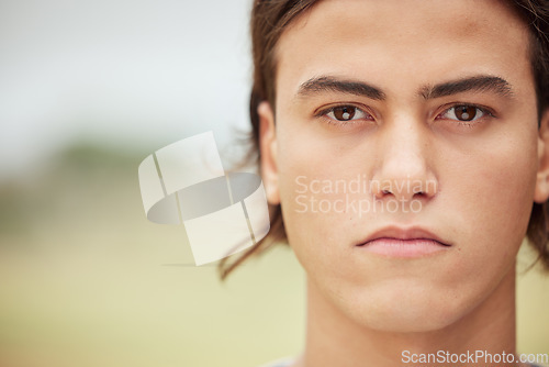 Image of Sports, baseball and portrait of man with focus, winner mindset and determined for game, competition or match. Wellness, health athlete and mockup face of serious softball player ready for fitness