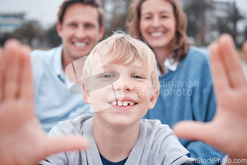 Image of Happy family, mother and child take a selfie with father in a portrait in winter holidays, vacation or weekend. Smile, mom and dad with young kid enjoys bonding or taking pictures outdoors in Berlin