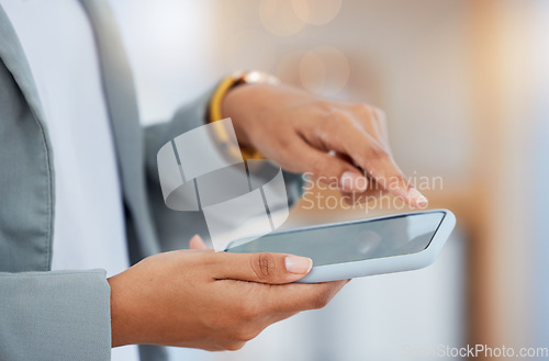 Image of Phone, hand and online browsing the internet for social media news and app updates. Mobile, searching and fingers of a woman texting or typing a digital message on her connected wireless device