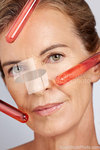 Image of Cosmetics science, test tube and portrait of woman with anti aging chemical, skincare innovation product or makeup. Facial beauty, healthcare and aesthetic face of senior testing biotech cosmetic