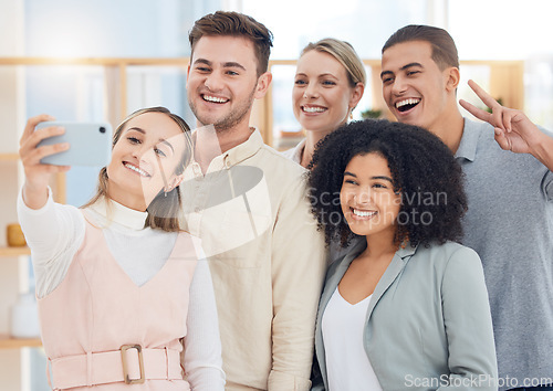 Image of Selfie, smartphone and business people for startup social media, career profile update and website culture in workplace diversity. Happy, creative and modern office employee team in phone photography