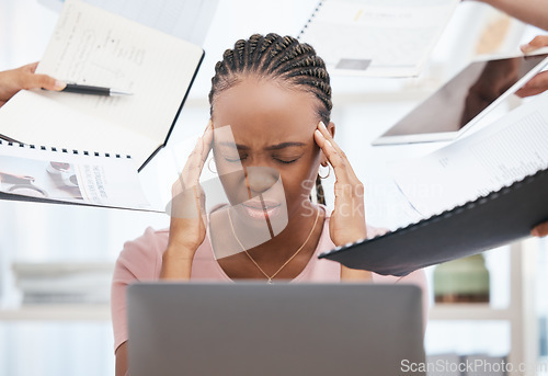 Image of Stress, burnout and overworked employee with documents give her headache from chaos, confusion and corporate overload. Black woman at work, overwhelmed office employee and managing anxiety and panic