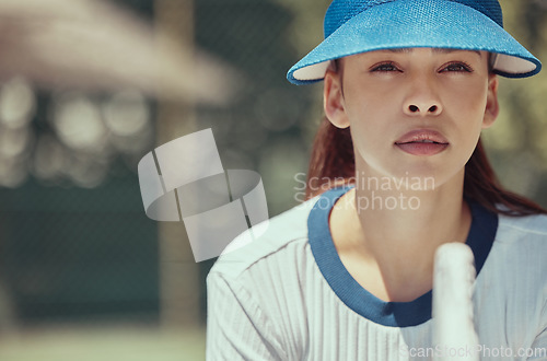 Image of Tennis player face, fitness and woman athlete on playing sports, match or games with tennis racket in Colombia outdoor. Tennis court girl with vision, focus and mindset in training to win competition