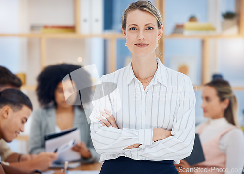 Image of Business woman, success and startup entrepreneur in a office team meeting feeling proud. Portrait of a corporate ceo, worker and manager ready for teamwork, collaboration and staff job planning