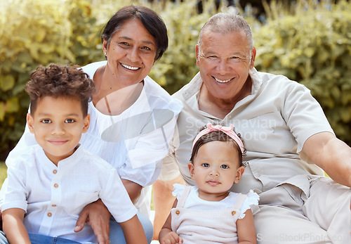 Image of Family, children and grandparents with a girl and boy spending time together in the garden during a visit. Nature, relax and love with a senior man and woman bonding with their grandkids outdoor