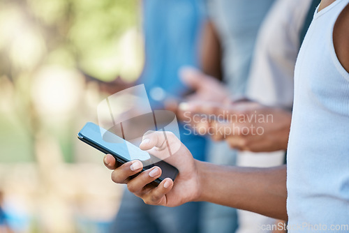 Image of Hands, phone and social media for sports in communication, texting or chatting in the outdoors. Hand of man in social networking, online conversation or discussion while browsing on mobile smartphone