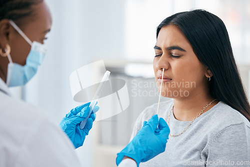 Image of Healthcare, covid, and test with doctor and patient in consultation room in hospital, science and research. Medical, woman and corona test with nose swab for sample, innovation laboratory analysis