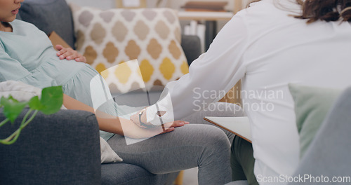 Image of pregnant woman, consulting and nurse on sofa in medical health center. Young female, new mother support and surgery healthcare insurance worker communication with patient or pregnancy treatment care