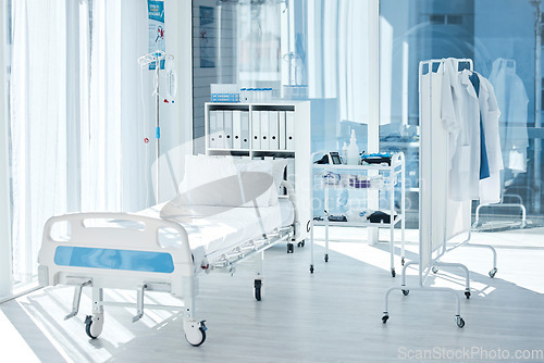 Image of Backgrounds of empty patient room, bed and private healthcare facility, hospital and medical center of consulting, healing and rehabilitation. Furniture interior, clinic bedroom and health care space