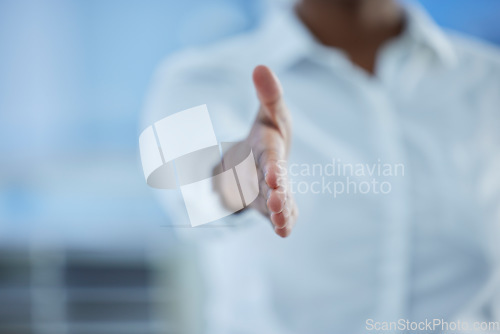 Image of Business, hands and gesture for handshake, deal or agreement for partnership, b2b or thank you at the office. Corporate employee stretching hand for welcome, greeting or hiring at the workplace