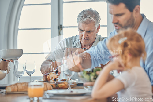 Image of Eating, dining room and senior man with his family enjoying a meal together in their modern house. Father, girl child and grandfather in retirement having food at celebration dinner, lunch or event.