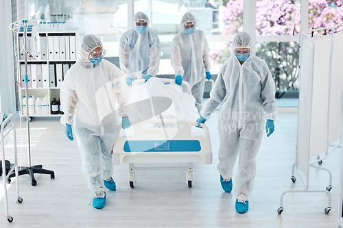 Image of Covid, ppe and doctors with patient stretcher in hospital for quarantine or testing. Health, safety and medical workers in hazmat suits pushing bed in clinic after death of person with covid 19.