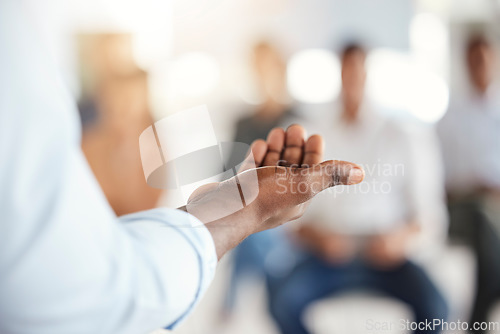 Image of Black man, business and corporate speaker hand with an audience speaking about work. Businessman with presentation and hands gesture with conference crowd listening to a company strategy meeting
