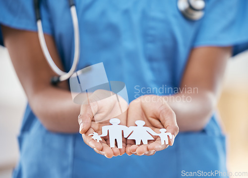 Image of Family nurse, doctor and woman hands with paper dolls to show children healthcare insurance. Hospital, medical and kids cardiology worker with helping hand support gesture cutout for clinic care