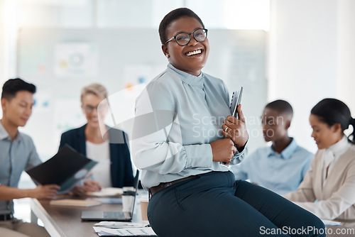 Image of Leader, ceo and manager happy with team development, planning and leadership in a marketing and advertising office. Portrait of a black woman smile in business meeting with work group in training