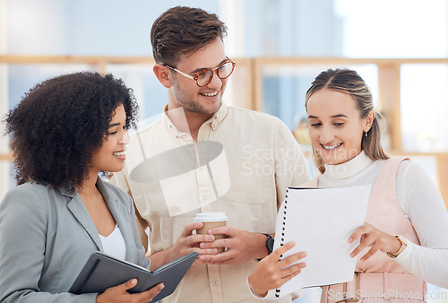 Image of Teamwork, collaboration and marketing team talking about kpi report document with pride for growth, development and achievement. Diversity of women and man happy about startup success on project