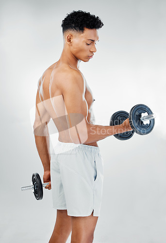 Image of Fitness, health and sports, man with dumbbells in weight training wellness workout, muscle building and strength. Exercise, gym and bodybuilder weightlifting for muscles, body and healthy lifestyle.