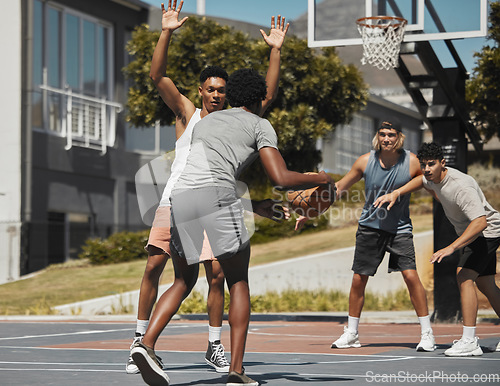 Image of Basketball, training and team sports by basketball players in competitive match, fitness and energy at basketball court. Workout, friends and exercise by men group playing, competing and performance